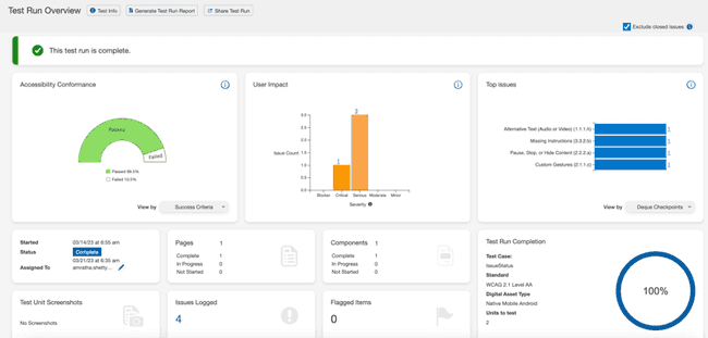 test run overview with
dashboard