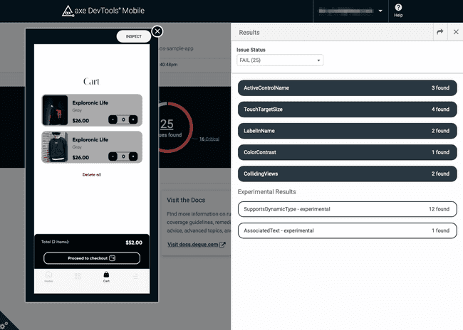 Screenshot of the axe DevTools Mobile dashboard where it displays a non-experimental rule with a navy background, and an experimental rule (under an experimental heading) with a white background.