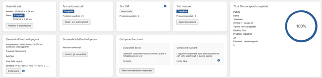 Messaggio di risposta del sistema 'Tutti i checkpoint per questa pagina sono stati completati' con i link Completa test auto e Vai alla panoramica test visualizzati, insieme al pulsante Vai alla pagina incompleta successiva