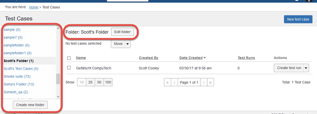 the left sidebar folders menu on the Test Cases screen is circled to indicate its
position