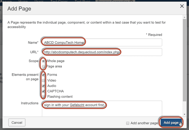 Populating the fields on the Add Page dialog box form with entries and selections, then activating the Add page button