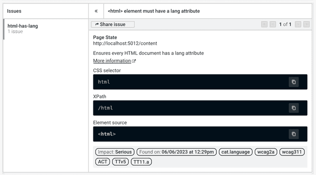 Image showing details of each defect. You can filter the results and also click through each result.