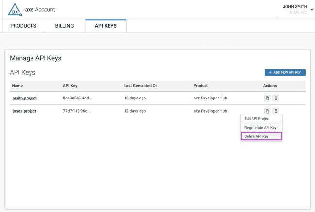 The Manage API Keys page showing two projects and the action menu open with three options visible: Edit API Project, Regenerate API Key, and Delete API Key.