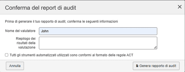 Finestra di dialogo di conferma del report di controllo