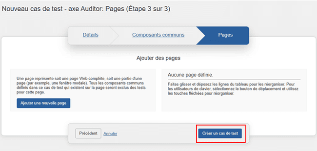 Activation du bouton Créer un nouveau cas de test sur le panneau Pages de l'écran Nouveau cas de test : Pages (étape 3 sur 3)