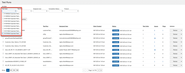 test runs filtered by test case