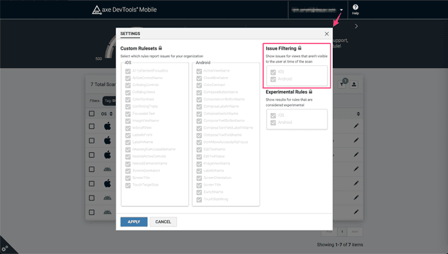 Screenshot of the Settings dialog with the Issue Filtering section highlighted on the right side of the dialog.