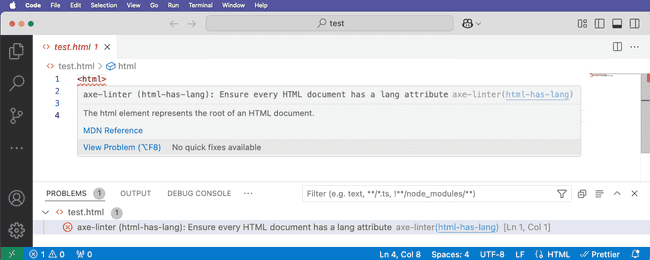 Shows a missing lang attribute on the html element via a tooltip and an entry in the Problems pane at the bottom of the VS Code window