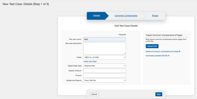 Populating the Details panel fields then activating the Next button when creating a new Test
Case