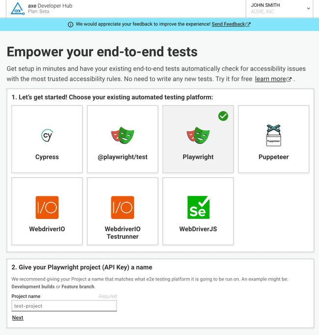 This image shows that the Playwright automation platform was selected, and the user is prompted to name the project.