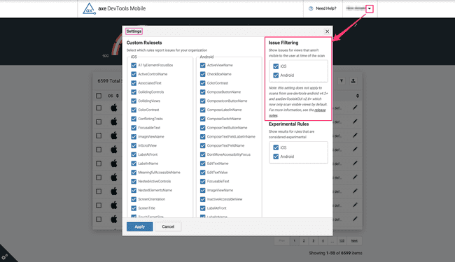 Screenshot of the Settings dialog with the Issue Filtering section highlighted on the right side of the dialog.