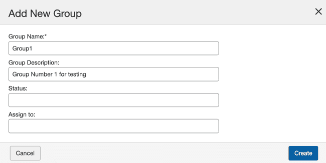 new group fields - name, description, status and assignedto