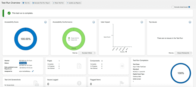 example of a Test Run Overview screen with the tooltips for charts displayed