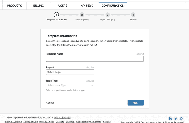 Screenshot of add new template form (step 1 of 4)