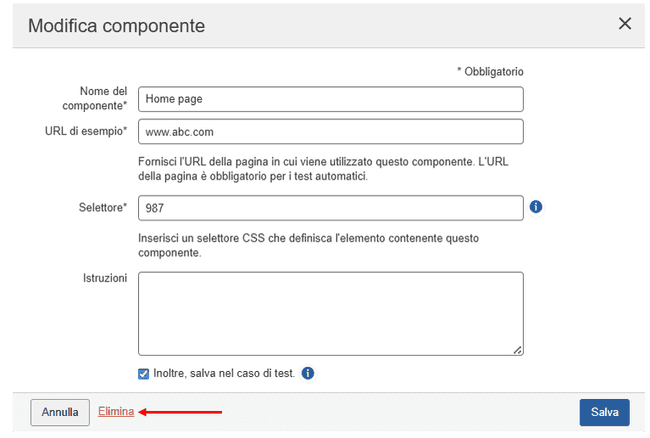 Fare clic sul collegamento Elimina nel modello Modifica pagina