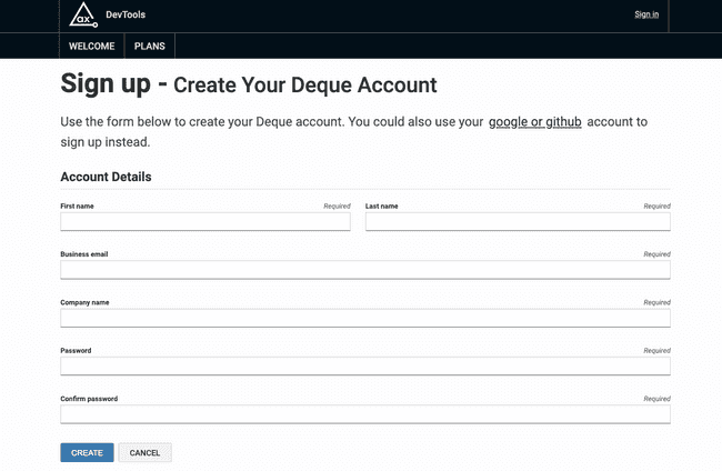 Screenshot of the sign up form for creating a Deque account.