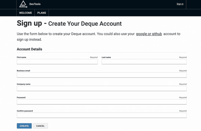 Screenshot of the sign up form for creating a Deque account.