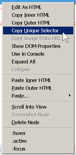 Right-clicking on the page under test, then selecting Copy Unique Selector in Firefox Developer Tools right-click menu