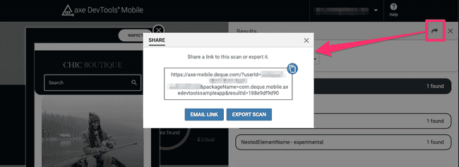  Screenshot of the share dialog window with the options to copy the URL, email the URL, or export the scan. Export the scan is highlighted.