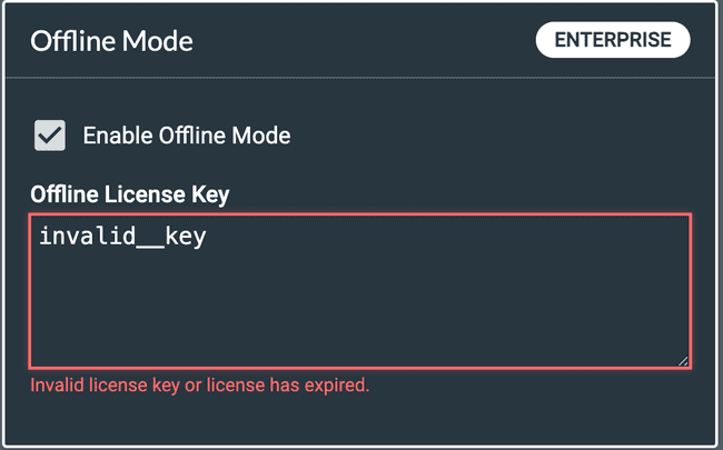 Extension settings invalid "Offline License Key" text input with error message