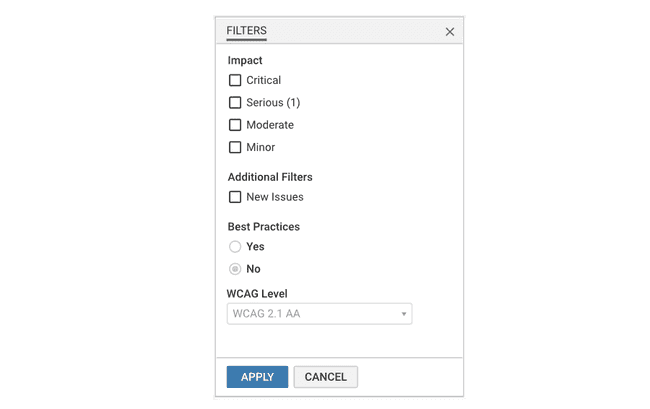 Filters dialog showing all of the available options for filtering issues.