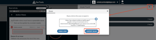  Screenshot of the share dialog window with the options to copy the URL, email the URL, or export the scan. Export the scan is highlighted.