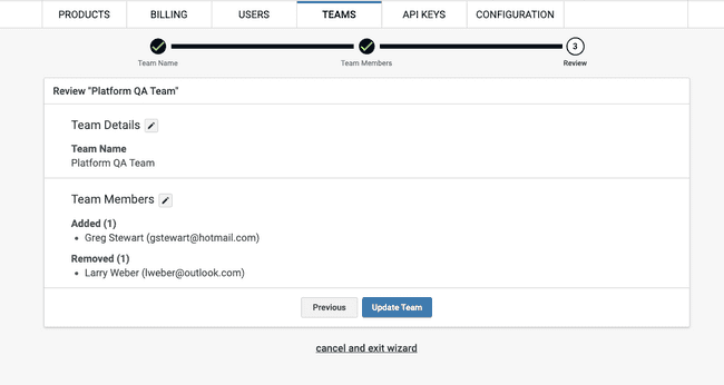 Screenshot of edit team step 3 "Review"