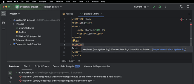 There are two accessibility errors shown in this screenshot of IntelliJ. The first error is a misspelled value for the lang attribute, and the second is an empty heading.