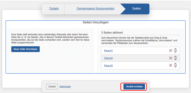 Klik op de knop Testcase opslaan in het paneel Pagina's van het scherm Testcase bewerken nadat u velden in een van de drie panelen hebt bewerkt