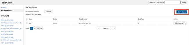 Location of New Test Case button at top, right of screen