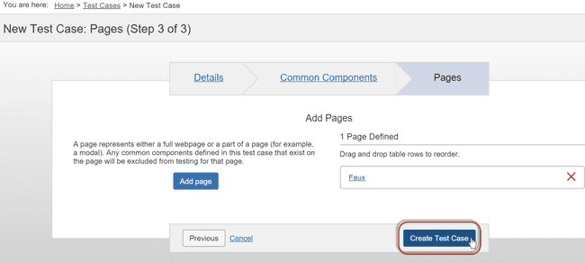Activating the Create New Test Case button on the Pages panel of the New Test Case: Pages (Step 3 of 3) screen