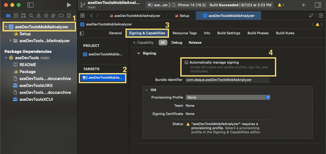 Screenshot of Xcode with the Automatic Signing box highlighted.