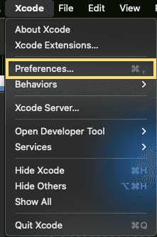 Screenshot of Xcode with the Preferences option highlighted.