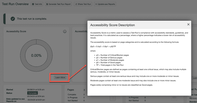 New Accessibility Score Information in the Test Run Overview Page