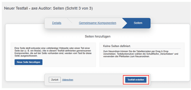 De knop Nieuwe testcase maken activeren op het paneel Pagina's van het scherm Nieuwe testcase: Pagina's (stap 3 van 3)