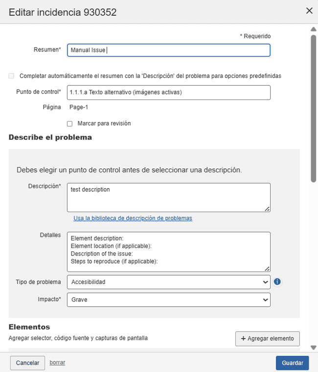 Cuadro de diálogo de Edición de problemas