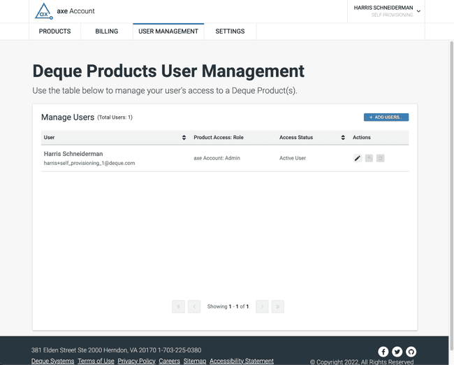 The webpage for managing users for axe DevTools