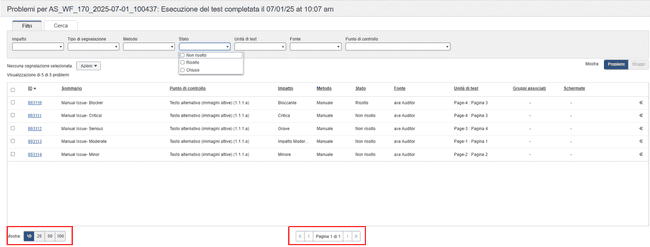 Fare clic su Mostra righe per pagina tabella, Pagina # del totale dei pulsanti di navigazione