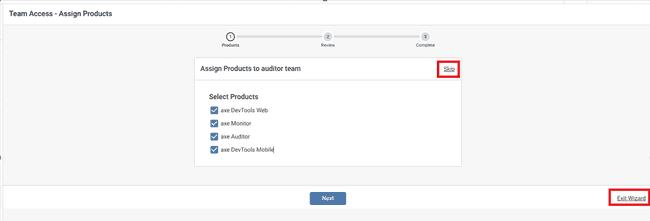 Team Access Assign Products Page on Step 1 - Assign Products to Auditor Tea, and 4 checkboxes with different Deque products. Buttons so next, skip, or exit.