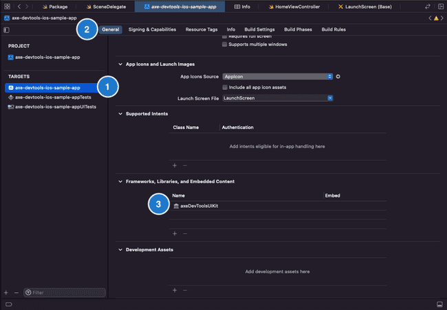 screenshot of Xcode highlighting steps to embed the framework.