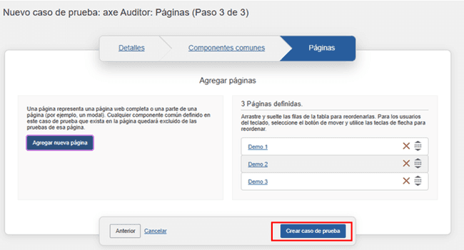 Hacer clic en el botón Guardar caso de prueba en el panel Páginas de la pantalla Editar caso de prueba después de editar los campos en cualquiera de los tres paneles