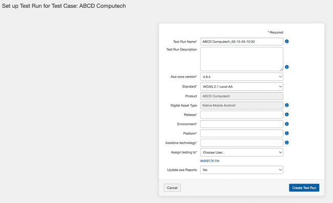 Setting Up Test Run for a Test Case