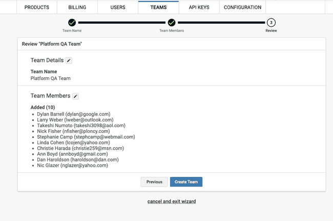 Screenshot of create team step 3 "Review"