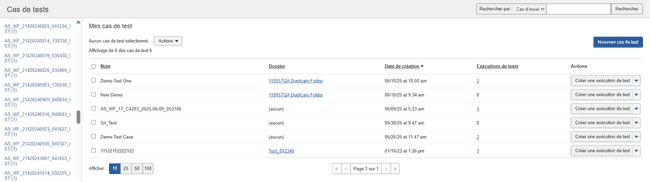Ecran Cas de test avec options