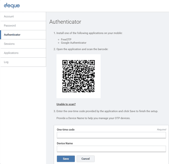 Voorbeeld van het Authenticator-scherm via de Authenticator-optie in het linkermenu