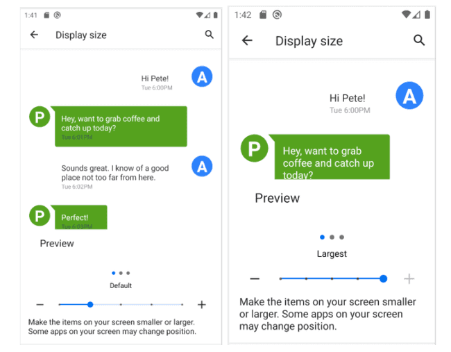 Two screenshots showing off differences in a sample application's display size with small text and larger text. The main content is more hidden on the second screenshot with larger text.