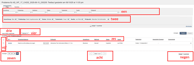 Voorbeeld van een tabel in axe Auditor, met de volgende 10 genummerde kenmerken