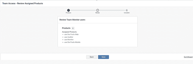 Team Access Review Page with list of assigned products and buttons for back, save, exit.