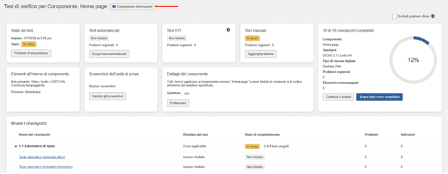 Cliccando sul pulsante Informazioni pagina per l'unità di test selezionata