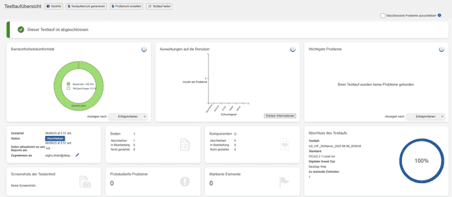 voorbeeld van een Test Run Overzicht-scherm met de tooltips voor grafieken weergegeven
